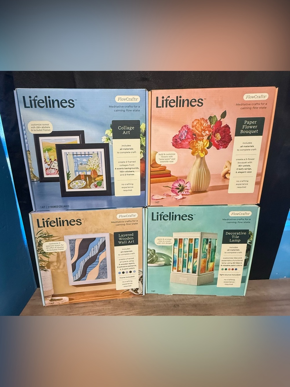 Lifelines FlowCrafts Lot of 4: Collage Paper Flower Wood Wall Art Tile Lamp DIY
